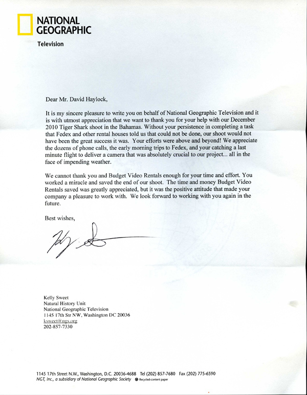 Budget Video Rentals testimonial letter from National Geographic